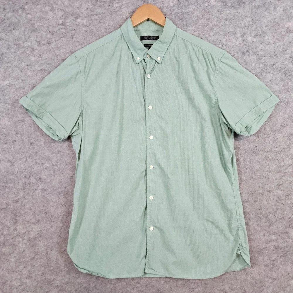 Banana Republic Men's Shirt Size L Green Nailhead Camden‎ Fit Lightweight STAIN